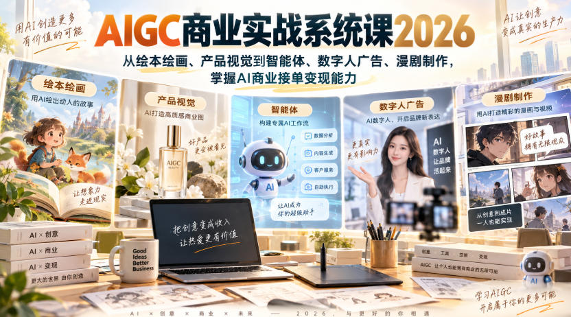 AIGC商业实战系统课2026,从绘本绘画、产品视觉到智能体、数字人广告、漫剧制作,掌握AI商业接单变现能力-韬哥副业项目资源网