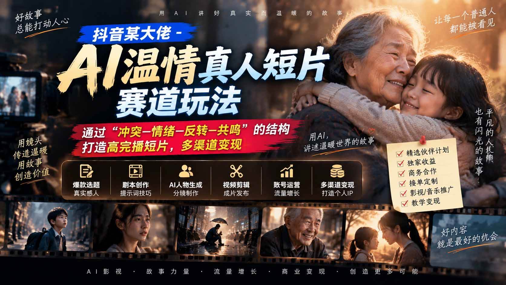 (20538期)抖音某大佬-AI温情真人短片赛道玩法:通过“冲突—情绪—反转—共鸣”的结构打造高完播短片,多渠道变现-韬哥副业项目资源网