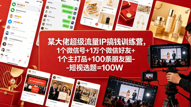 某大佬超级流量IP搞钱训练营,1个微信号+1万个微信好友+1个主打品+100条朋友圈-短视选题=100W