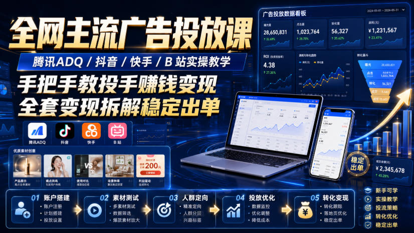 全网主流广告投放课，腾讯ADQ / 抖音 / 快手 / B 站实操教学，手把手教投手赚钱变现，全套变现拆解稳定出单-韬哥副业项目资源网