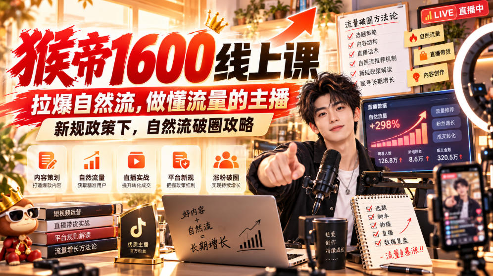 猴帝1600线上课，拉爆自然流，做懂流量的主播，新规政策下，自然流破圈攻略【更新260926】-韬哥副业项目资源网