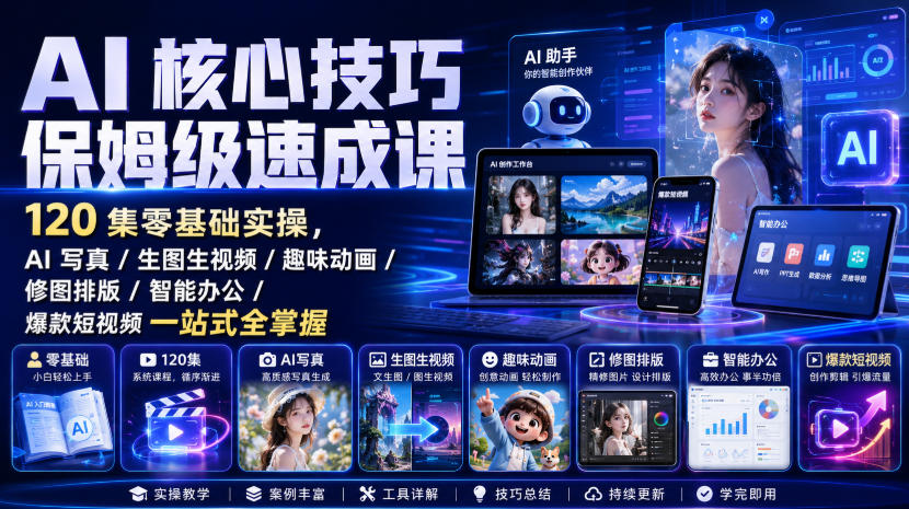 AI核心技巧保姆级速成课｜120集零基础实操，AI写真/生图生视频/趣味动画/修图排版/智能办公/爆款短视频一站式全掌握-韬哥副业项目资源网