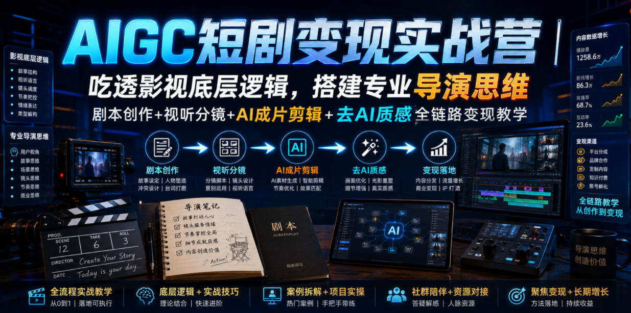 AIGC短剧变现实战营|吃透影视底层逻辑,搭建专业导演思维,剧本创作+视听分镜+AI成片剪辑+去AI质感全链路变现教学-韬哥副业项目资源网