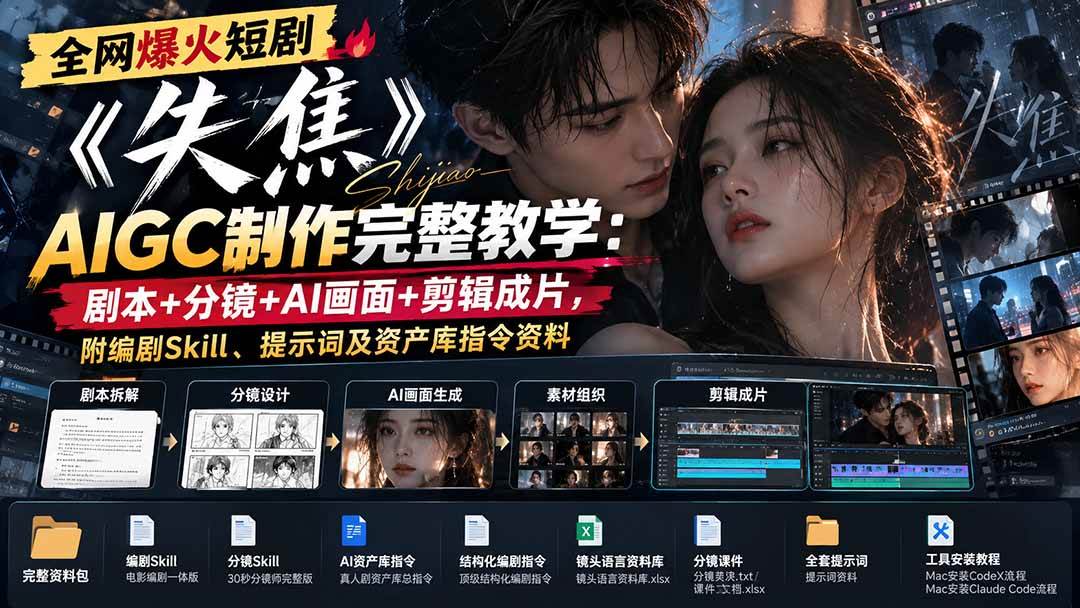 （20805期）全网爆火短剧《失焦》AIGC制作完整教学：剧本+分镜+AI画面+剪辑成片，附编剧Skill、提示词及资产库指令资料-韬哥副业项目资源网