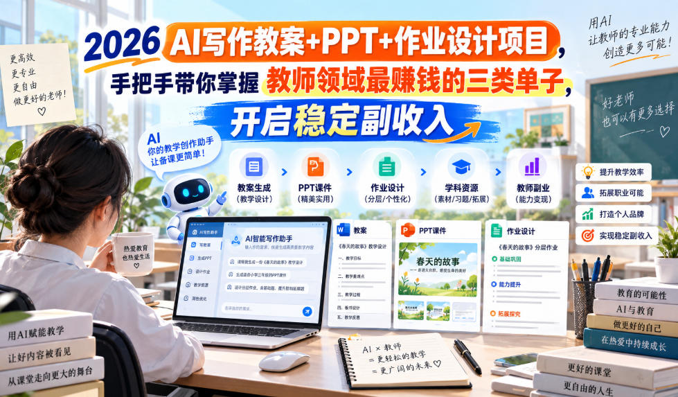 2026 AI写作教案+PPT+作业设计项目,手把手带你掌握教师领域最賺钱的三类单子,开启稳定副收入-韬哥副业项目资源网