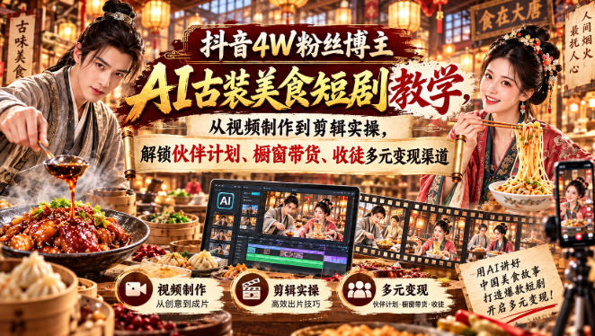 抖音4W粉丝博主AI古装美食短剧教学,从视频制作到剪辑实操,解锁伙伴计划、橱窗带货、收徒多元变现渠道 抖音4W粉丝博主AI古装美食短剧教学,从视频制作到剪辑实操,解锁伙伴计划、橱窗带货、收徒多元变现渠道