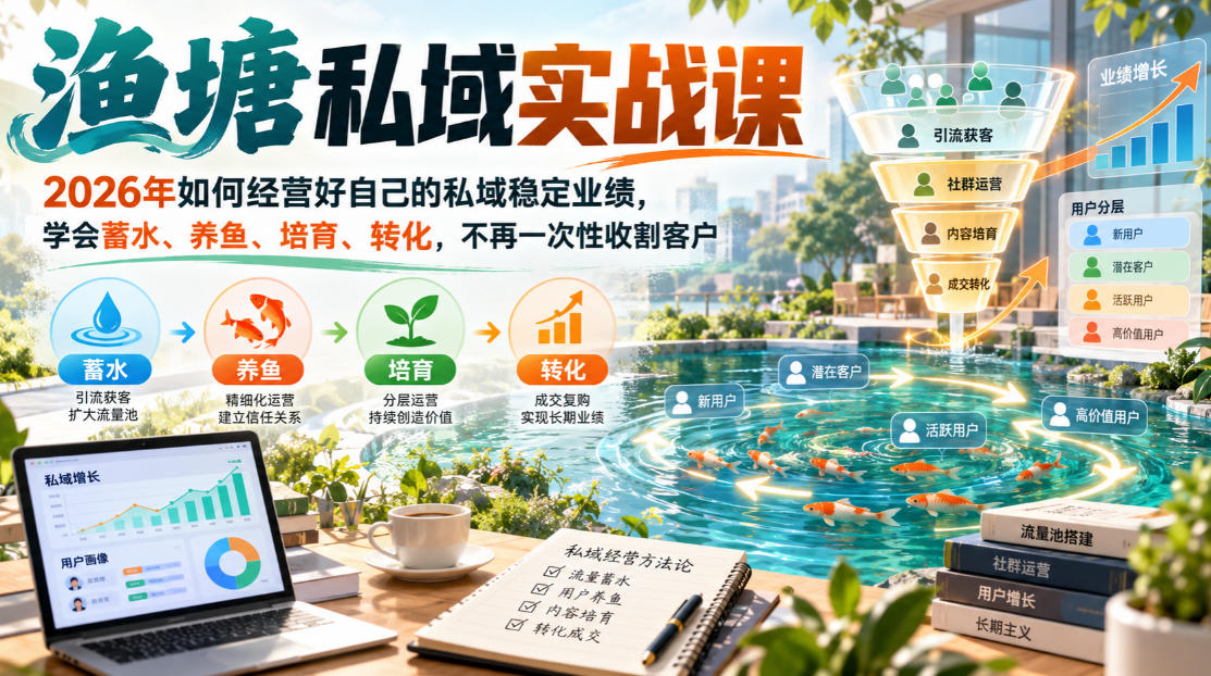 渔塘私域实战课，2026年如何经营好自己的私域稳定业绩，学会蓄水、养鱼、培育、转化，不再一次性收割客户-韬哥副业项目资源网