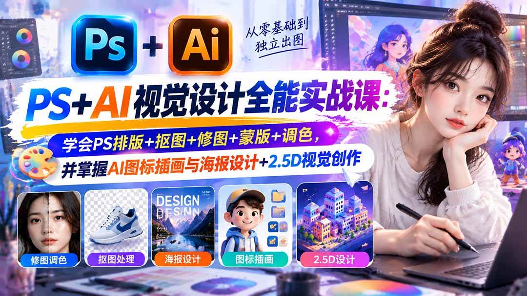 （20749期）【无水印】PS+AI视觉设计全能实战课：学会PS排版+抠图+修图+蒙版+调色，并掌握AI图标插画与海报设计+2.5D视觉创作-韬哥副业项目资源网