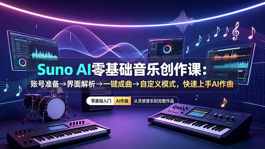 Suno AI零基础音乐创作课：账号准备→界面解析→一键成曲→自定义模式，快速上手AI作曲-韬哥副业项目资源网