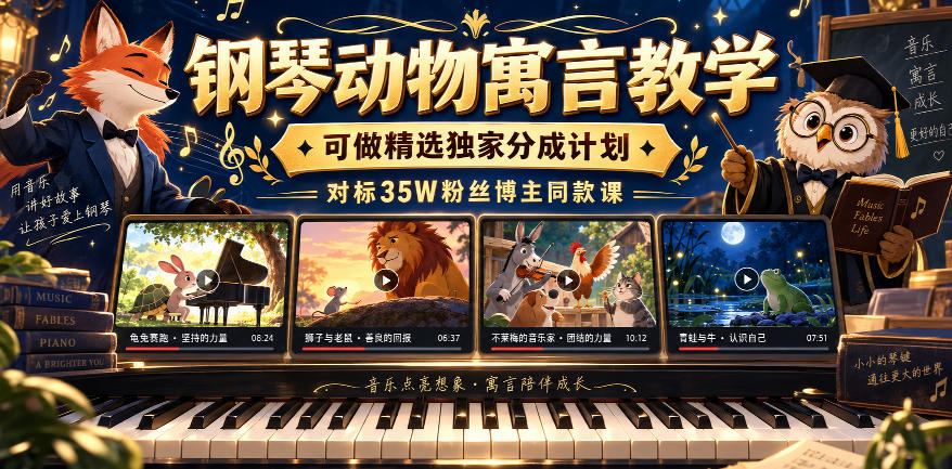 钢琴动物寓言教学，可做精选独家分成计划，对标35W粉丝博主同款课-韬哥副业项目资源网