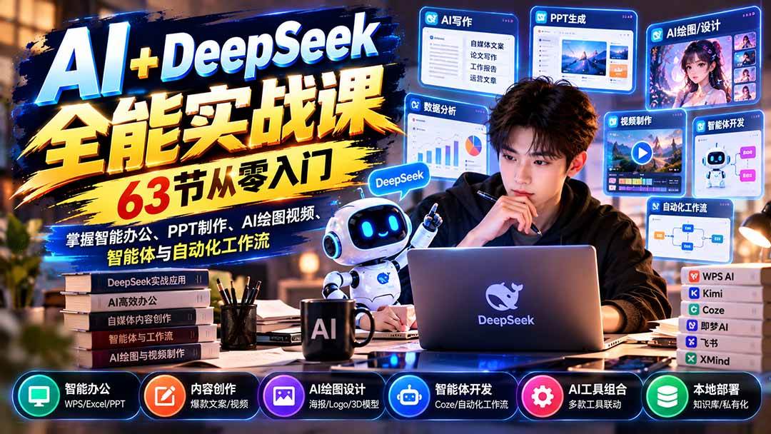 （21141期）AI+DeepSeek全能实战课：63节从零入门，掌握智能办公、PPT制作、AI绘图视频、智能体与自动化工作流