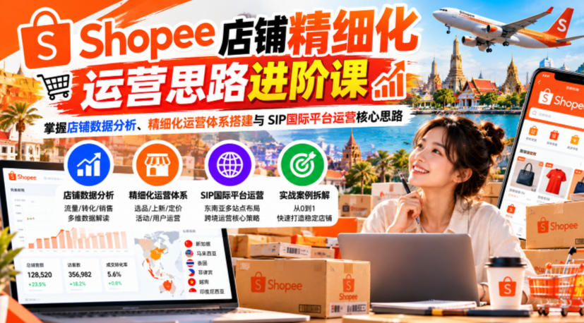 Shopee店铺精细化运营思路进阶课，掌握店铺数据分析、精细化运营体系搭建与SIP国际平台运营核心思路-韬哥副业项目资源网