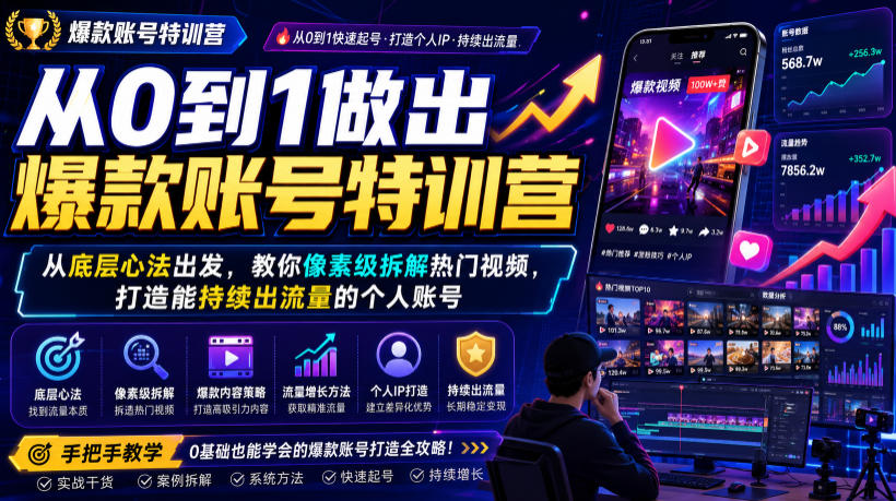 从0到1做出爆款账号特训营，从底层心法出发，教你像素级拆解热门视频，打造能持续出流量的个人账号-韬哥副业项目资源网