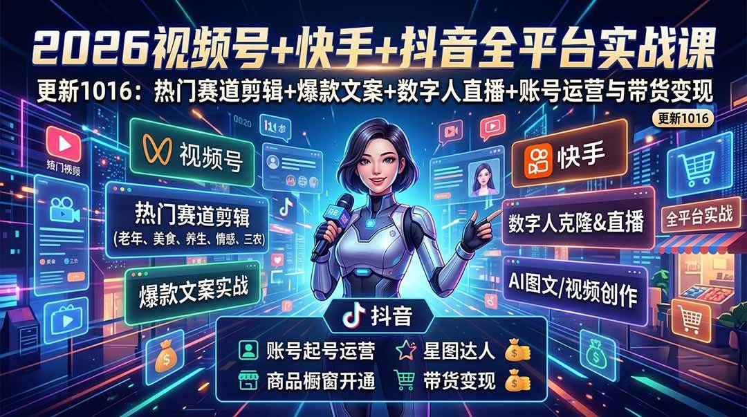 （20997期）视频号+快手+抖音三大平台的全栈剪辑+数字人直播实战课-3月更新：快速实现短视频变现-韬哥副业项目资源网