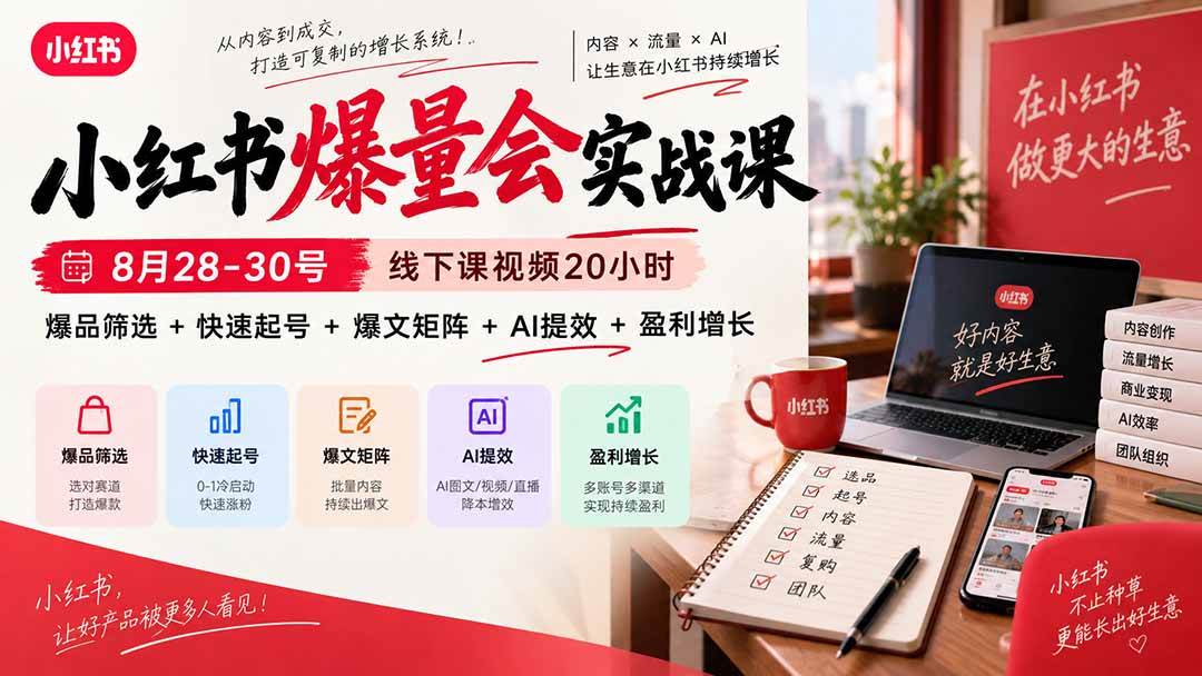 （20359期）小红书爆量会实战课：8月28-30号线下课视频20小时，爆品筛选+快速起号+爆文矩阵+AI提效+盈利增长-韬哥副业项目资源网