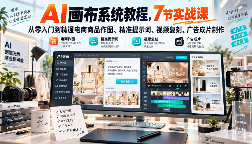 AI画布系统教程，7节实战课从零入门到精通电商商品作图、精准提示词、视频复刻、广告成片制作-韬哥副业项目资源网