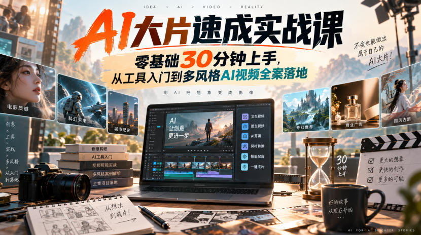 AI大片速成实战课｜零基础30分钟上手，从工具入门到多风格AI视频全案落地-韬哥副业项目资源网