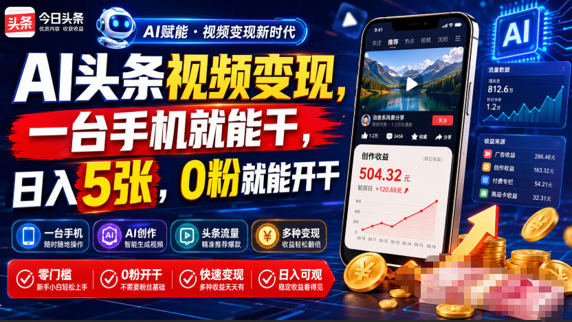 AI头条视频变现，一台手机就能干，日入5张，0粉就能开干-韬哥副业项目资源网