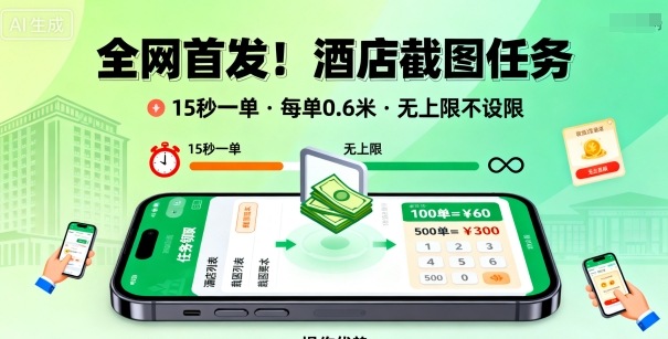 全网首发！酒店截图任务，15秒一单，每单0.6米，任务无上限不设限，矩阵操作单日3张到手【揭秘】-韬哥副业项目资源网