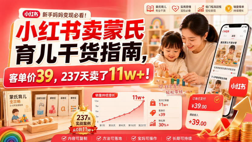小红书卖蒙氏育儿干货指南，客单价39，237天卖了11w+！-韬哥副业项目资源网