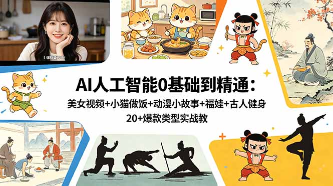 AI人工智能0基础到精通:美女视频+小猫做饭+动漫小故事+福娃+古人健身,20+爆款类型实战教学-韬哥副业项目资源网