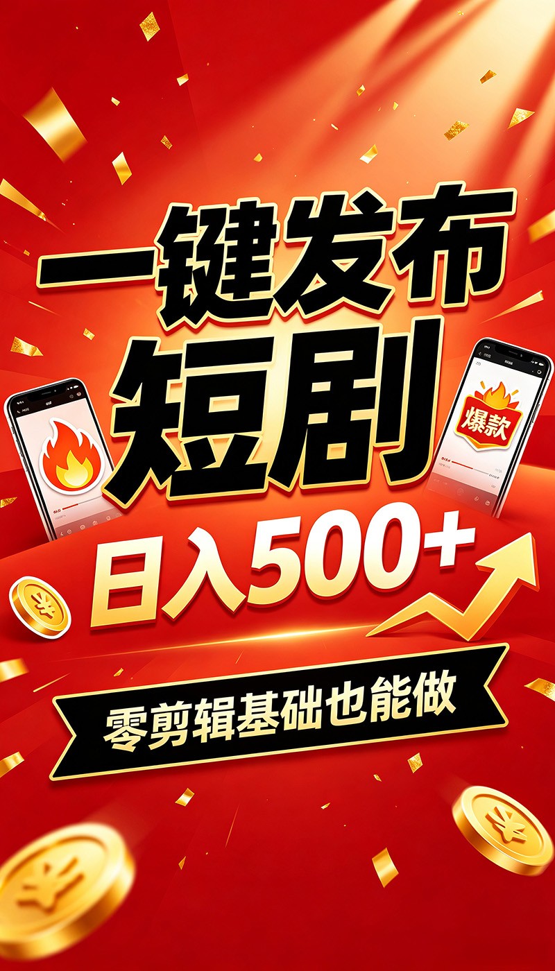 快手短剧一键发布，不用剪辑操作简单，副业日入500+。空闲时间轻松赚收益-韬哥副业项目资源网