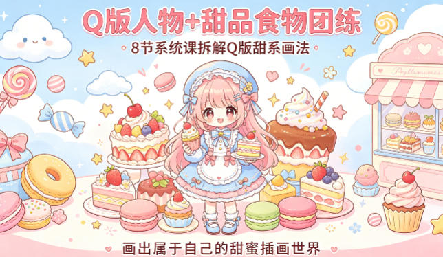 Q版人物+甜品食物团练，8节系统课拆解Q版甜系画法，画出属于自己的甜蜜插画世界-韬哥副业项目资源网
