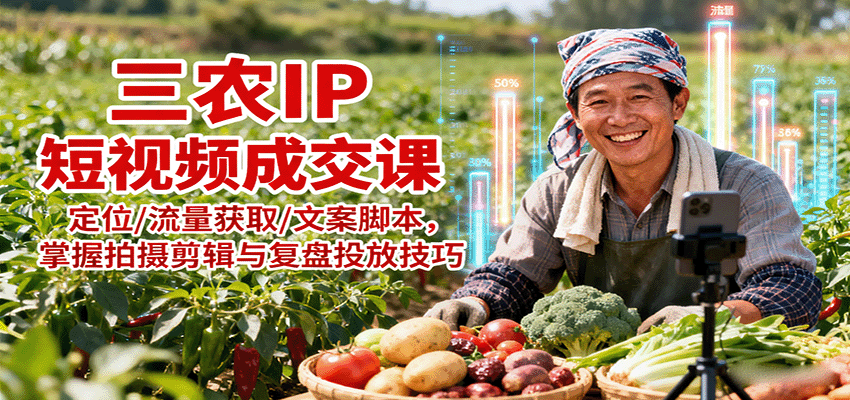 三农IP短视频成交课：定位/流量获取/文案脚本，掌握拍摄剪辑与复盘投放技巧-韬哥副业项目资源网