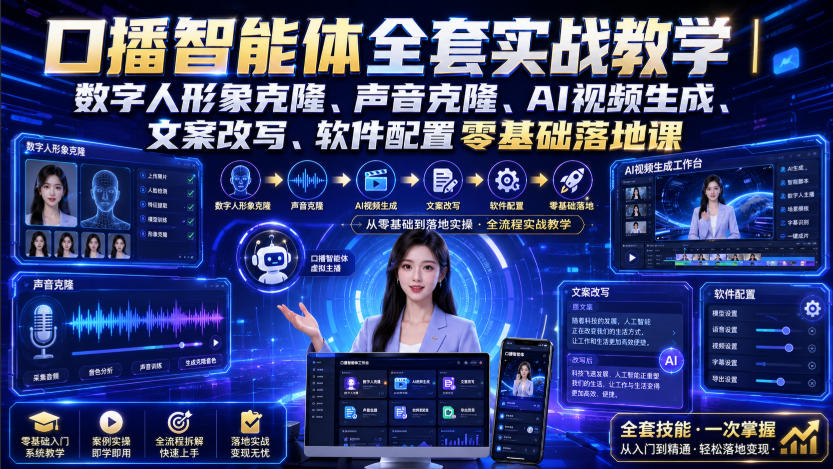 口播智能体全套实战教学｜数字人形象克隆、声音克隆、AI视频生成、文案改写、软件配置零基础落地课-韬哥副业项目资源网