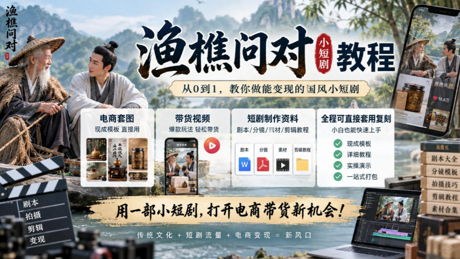 渔樵问对小短剧教程，包含电商套图、带货视频，短剧制作资料，全程可直接套用复刻-韬哥副业项目资源网