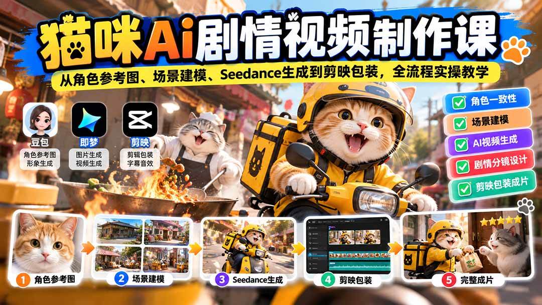 （20793期）猫咪AI剧情视频制作课：从角色参考图、场景建模、Seedance生成到剪映包装，全流程实操教学