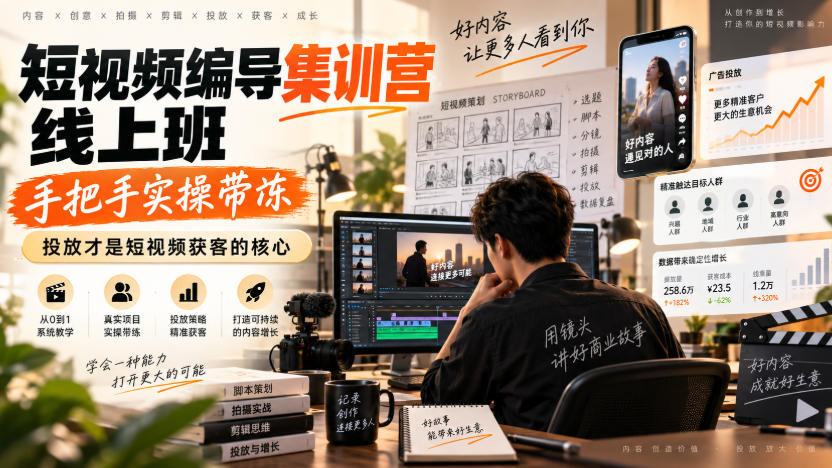 短视频编导集训营线上班，手把手实操带冻，投放才是短视频获客的核心-韬哥副业项目资源网