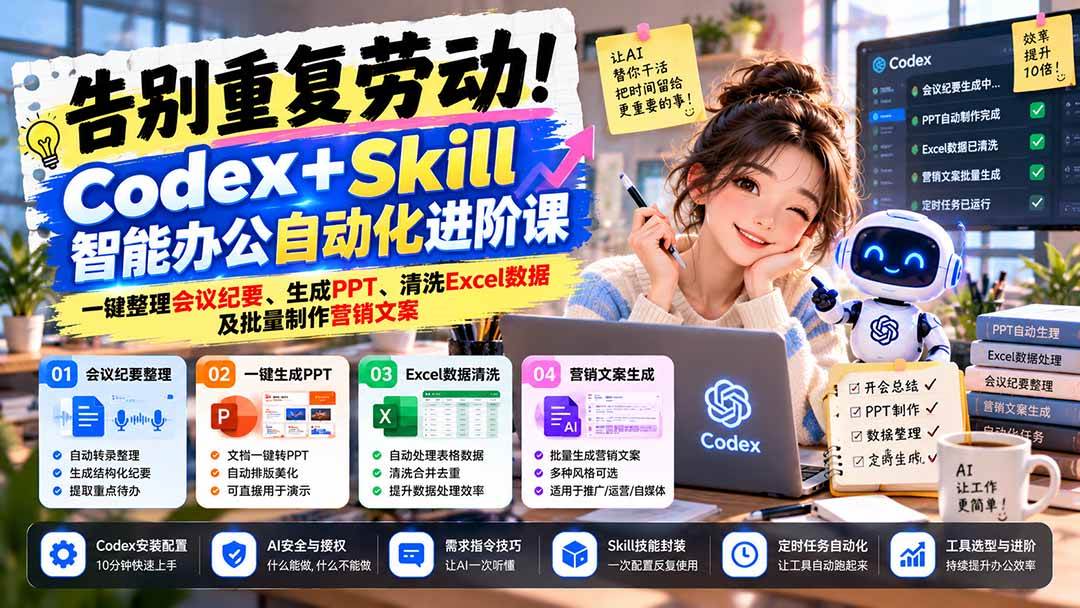 （21001期）告别重复劳动！Codex+Skill智能办公自动化进阶课：一键整理会议纪要、生成PPT、清洗Excel数据及批量制作营销文案-韬哥副业项目资源网