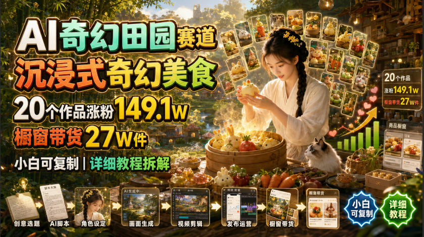 AI奇幻田园赛道，沉浸式奇幻美食，20个作品涨粉149.1W，橱窗带货27W件，小白可复制，详细教程拆解-韬哥副业项目资源网