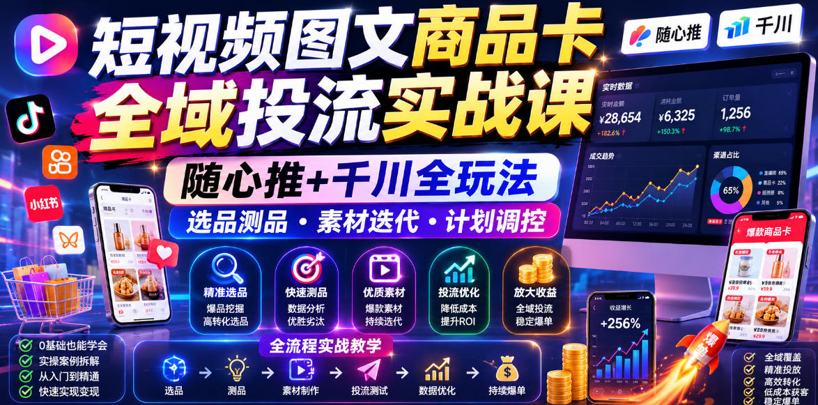 短视频图文商品卡全域投流实战课，随心推+千川全玩法，选品测品・素材迭代・计划调控，提升ROI爆单增收教程-韬哥副业项目资源网