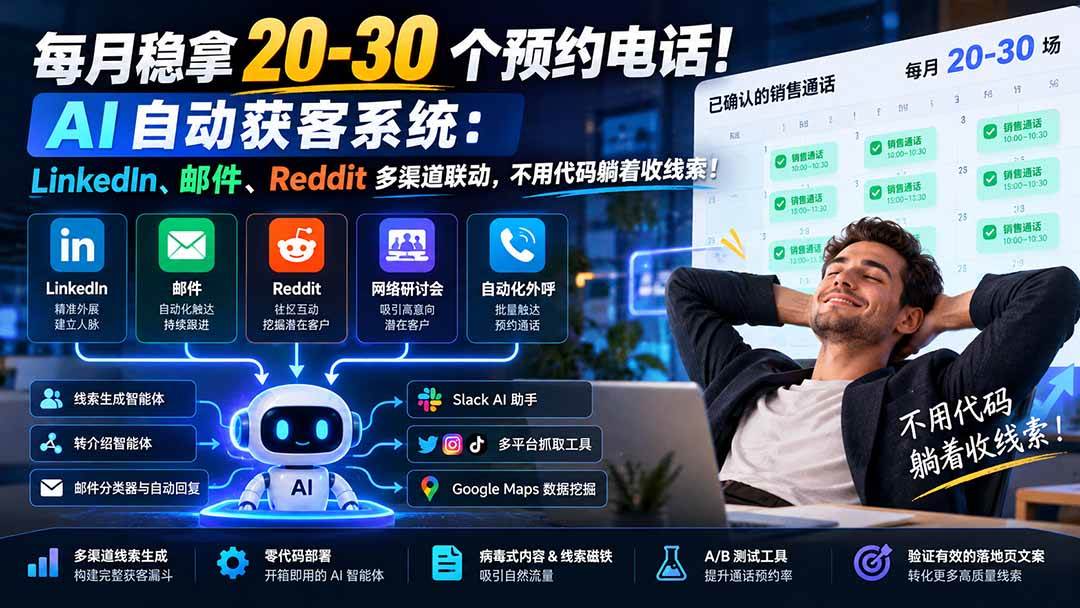 (21164期)每月稳拿 20-30 个预约电话!AI 自动获客系统:LinkedIn、邮件、Reddit 多渠道联动,不用代码躺着收线索!-韬哥副业项目资源网