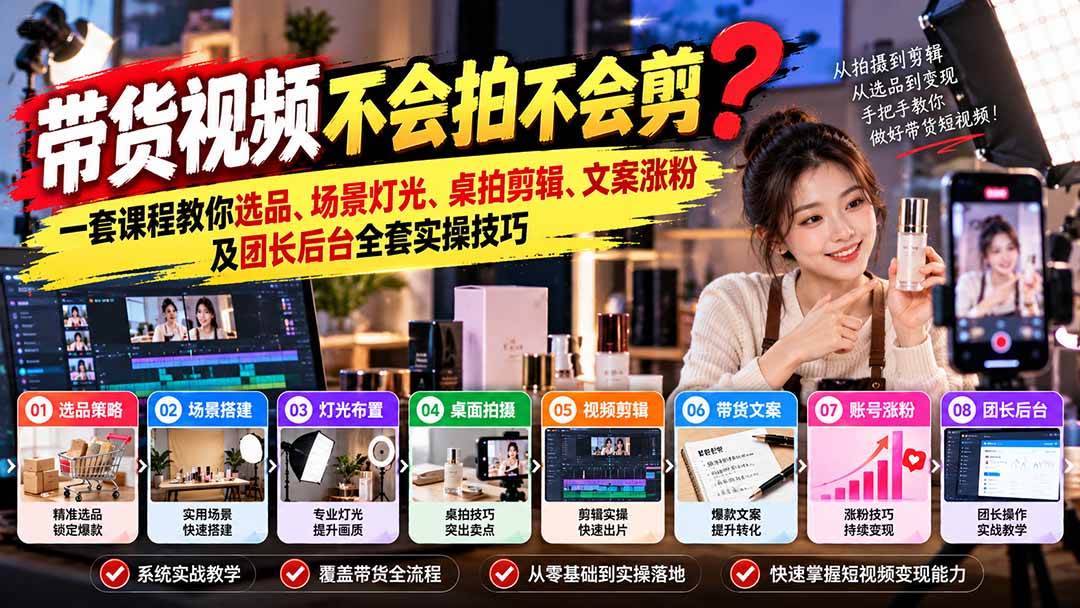 （20980期）带货视频不会拍不会剪？一套课程教你选品、场景灯光、桌拍剪辑、文案涨粉及团长后台全套实操技巧 复制标题