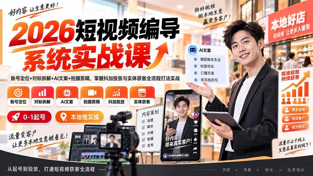 （20305期）2026短视频编导系统实战课：账号定位+对标拆解+AI文案+拍摄剪辑，掌握抖加投放与实体获客全流程打法实战-韬哥副业项目资源网