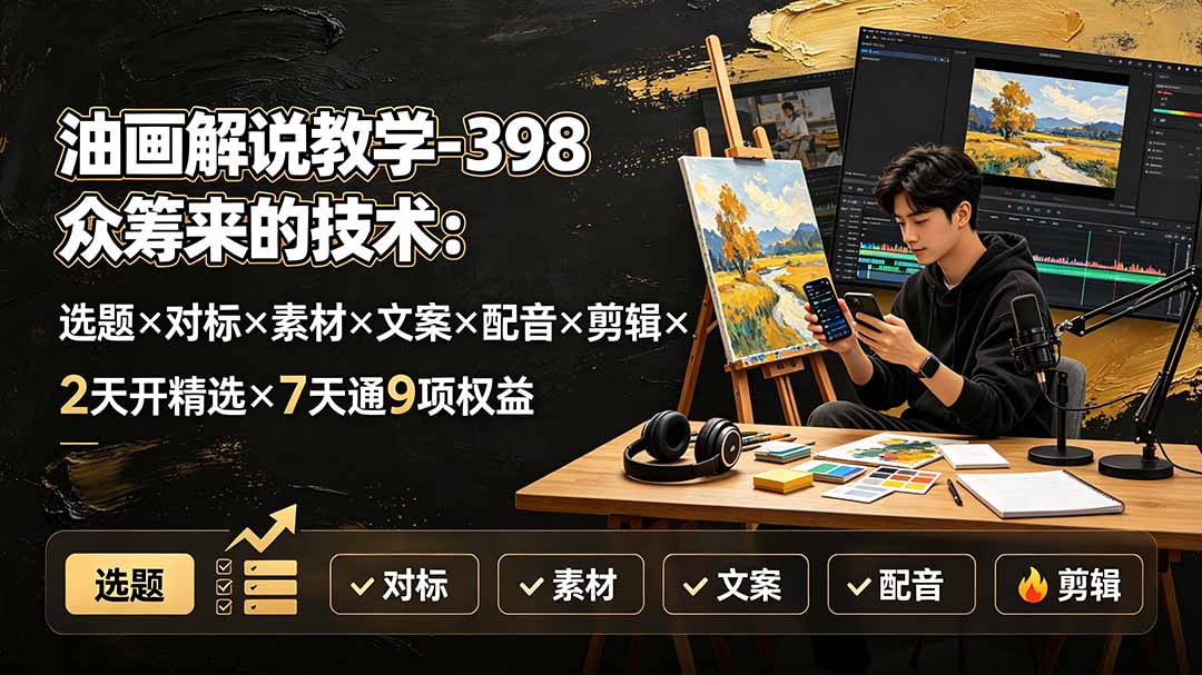 油画解说教学-398众筹来的技术：选题×对标×素材×文案×配音×剪辑×2天开精选×7天通9项权益-韬哥副业项目资源网