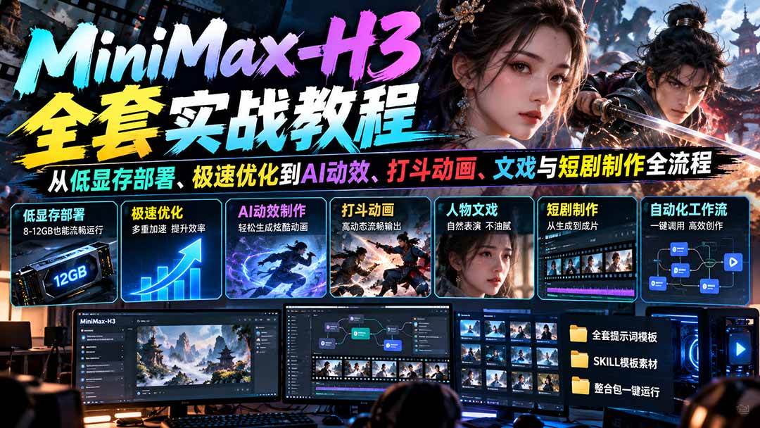 (21161期)MiniMax-H3全套实战教程:从低显存部署、极速优化到AI动效、打斗动画、文戏与短剧制作全流程-韬哥副业项目资源网
