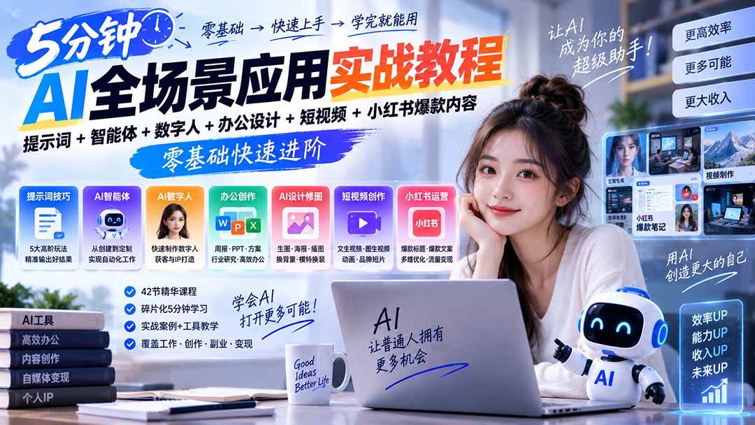 （20493期）AI全场景应用实战教程｜提示词+智能体+数字人+办公设计+短视频+小红书爆款内容，零基础快速进阶-韬哥副业项目资源网