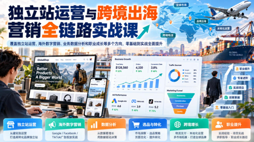 独立站运营与跨境出海营销全链路实战课,覆盖独立站运营、海外数字营销、业务数据分析和职业成长等多个方向,零基础到实战全面提升-韬哥副业项目资源网