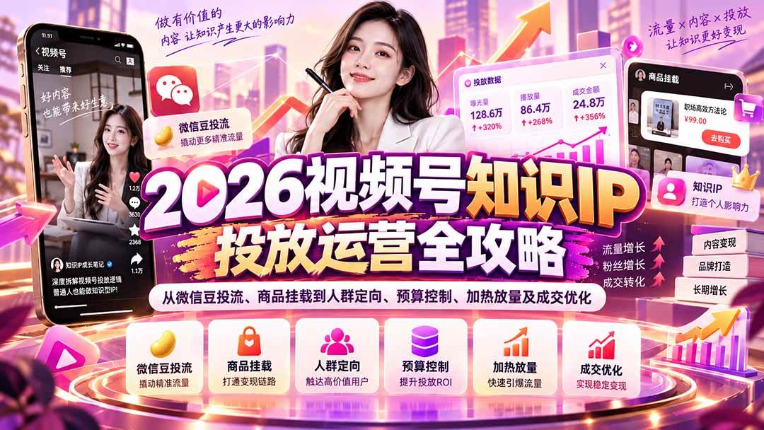 （20860期）2026视频号知识IP投放运营全攻略：从微信豆投流、商品挂载到人群定向、预算控制、加热放量及成交优化-韬哥副业项目资源网