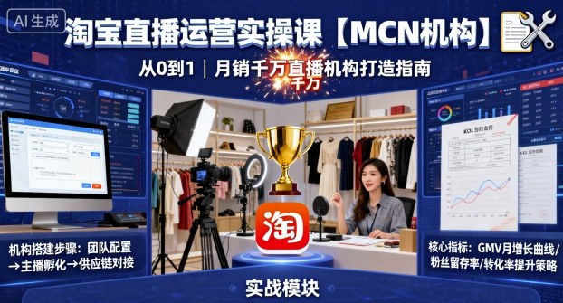 淘宝直播运营实操课【MCN机构】，从0到1做一家月销千W的直播机构-韬哥副业项目资源网