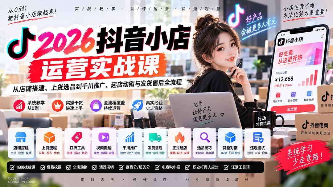 （20568期）2026抖音小店运营实战课｜从店铺搭建、上货选品到千川推广、起店动销与发货售后全流程-韬哥副业项目资源网