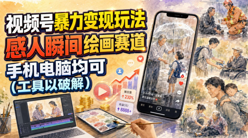 视频号暴力变现玩法，感人瞬间绘画赛道，手机电脑均可-韬哥副业项目资源网