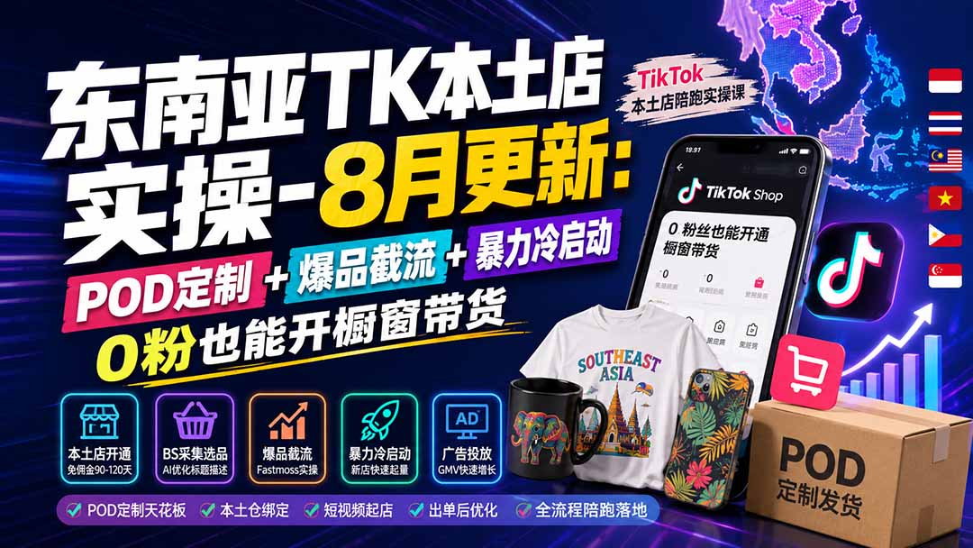 东南亚TK本土店实操-8月更新：POD定制+爆品截流+暴力冷启动，0粉也能开橱窗带货-韬哥副业项目资源网