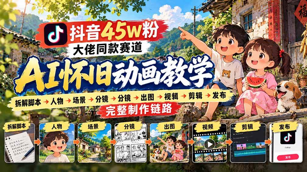 （20781期）抖音45W粉大佬同款赛道AI怀旧动画教学：拆解脚本→人物→场景→分镜→出图→视频→剪辑→发布完整制作链路-韬哥副业项目资源网