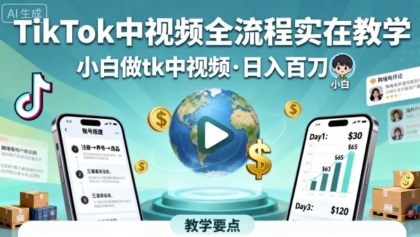 TikTok中视频全流程实操教学，小白做tk中视频，日入百刀-韬哥副业项目资源网
