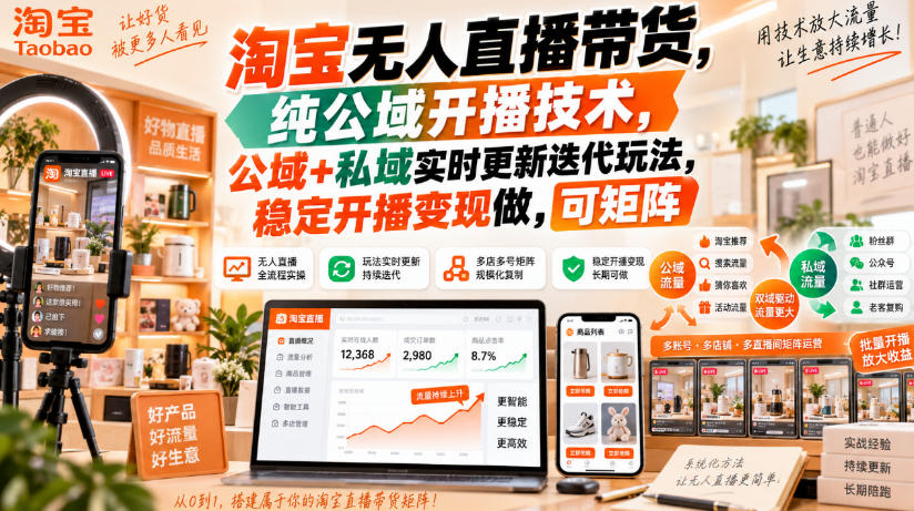 淘宝无人直播带货，纯公域开播技术，公域+私域实时更新迭代玩法，稳定开播变现做，可矩阵【揭秘】-韬哥副业项目资源网